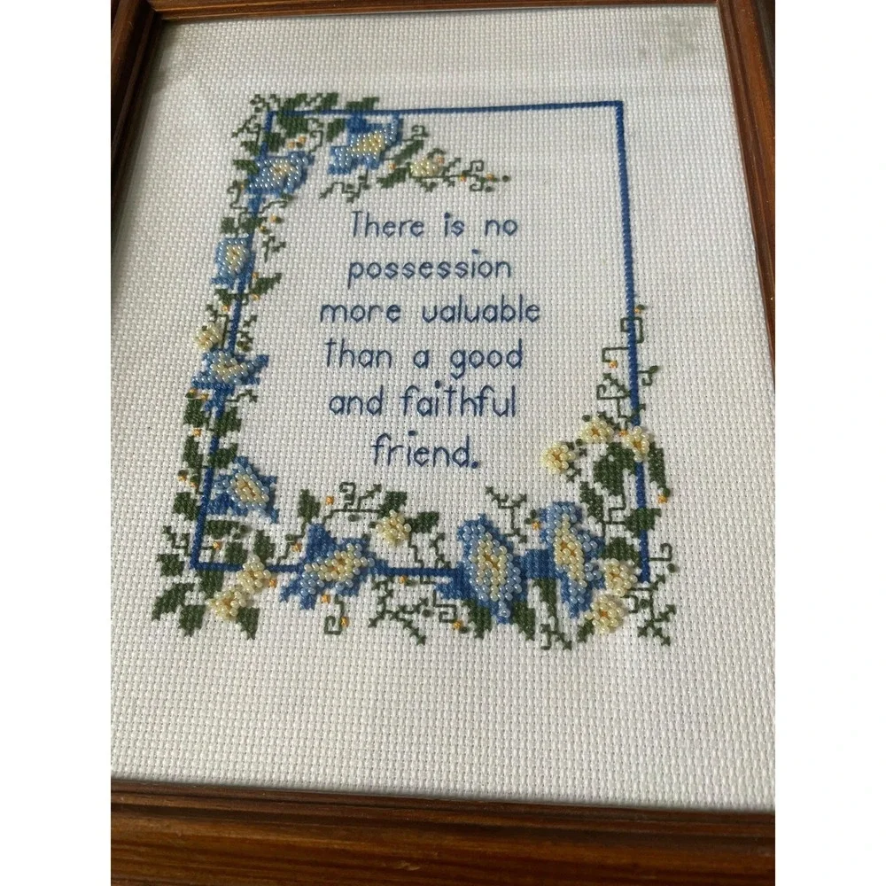 Vintage Framed‎ Beaded Cross Stitch Floral Friend Quote Cottagecore Decor